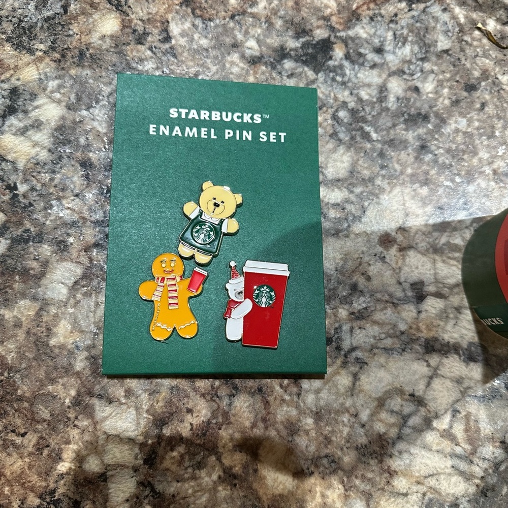 Starbucks 2025 Enamel Pin Set with Bear, Gingerbread, and Cup
